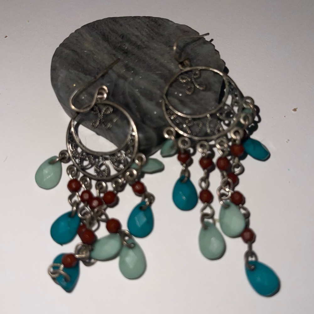 New Sterling Silver Blue Green Red Beaded Boho Handmade Floral Chandler Earrings - Picture 5 of 9